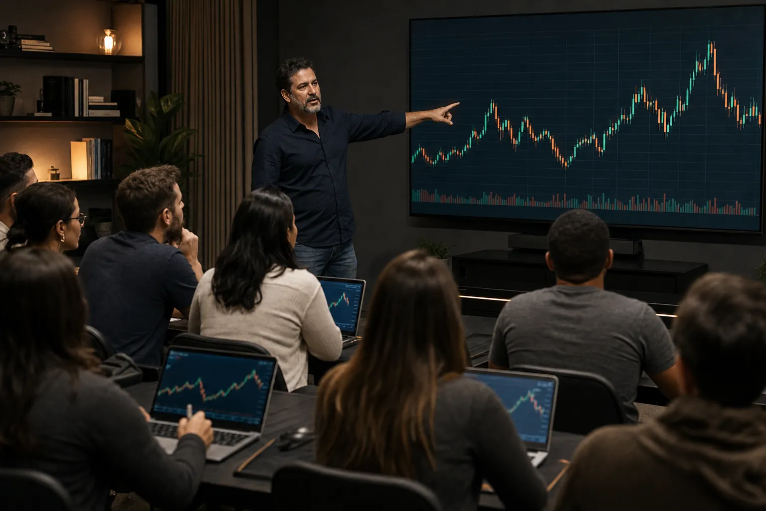 Trading educator presenting a chart to a small audience at an event