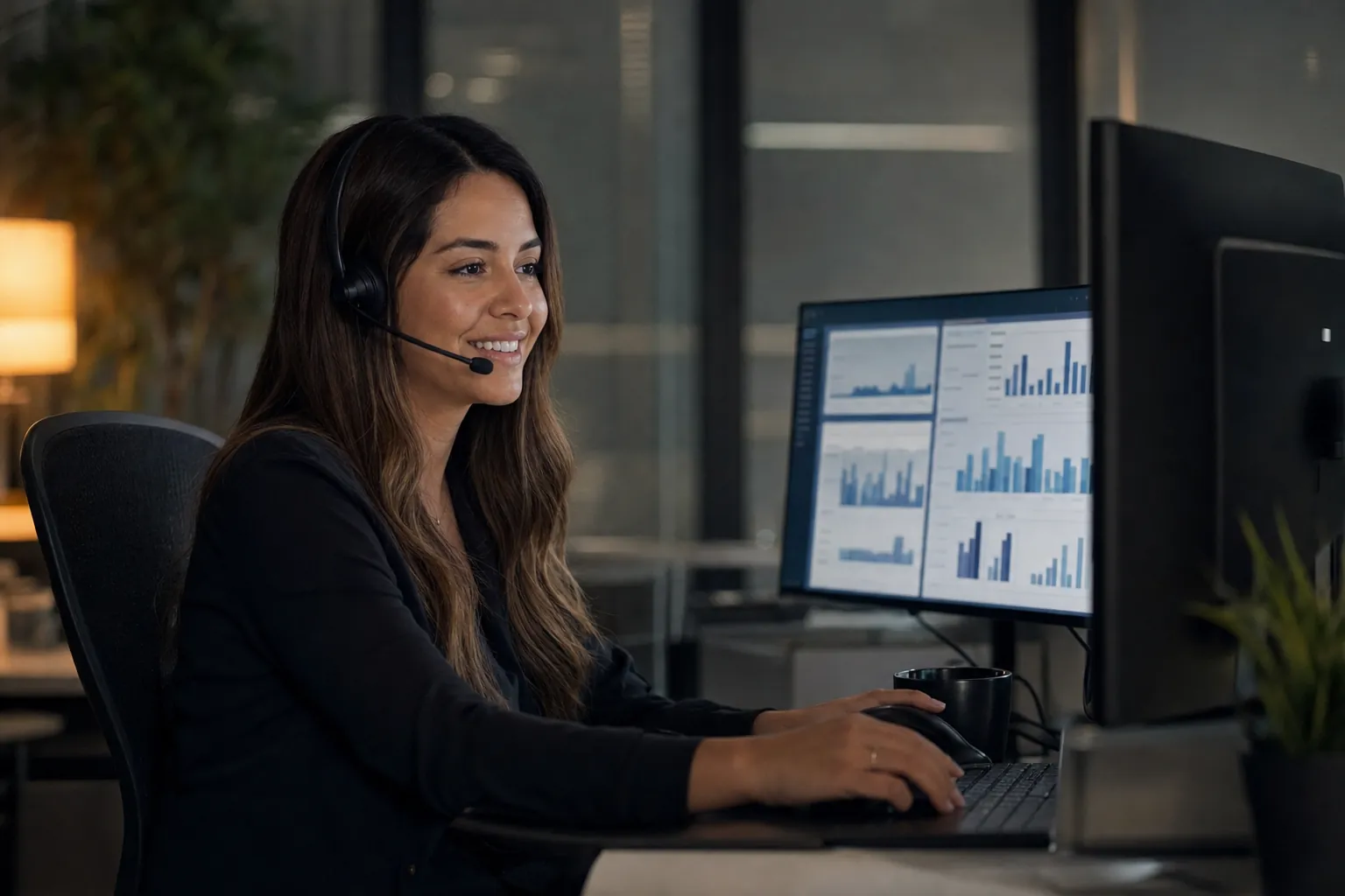 FXBITI affiliate manager with a headset at a desk with dashboards