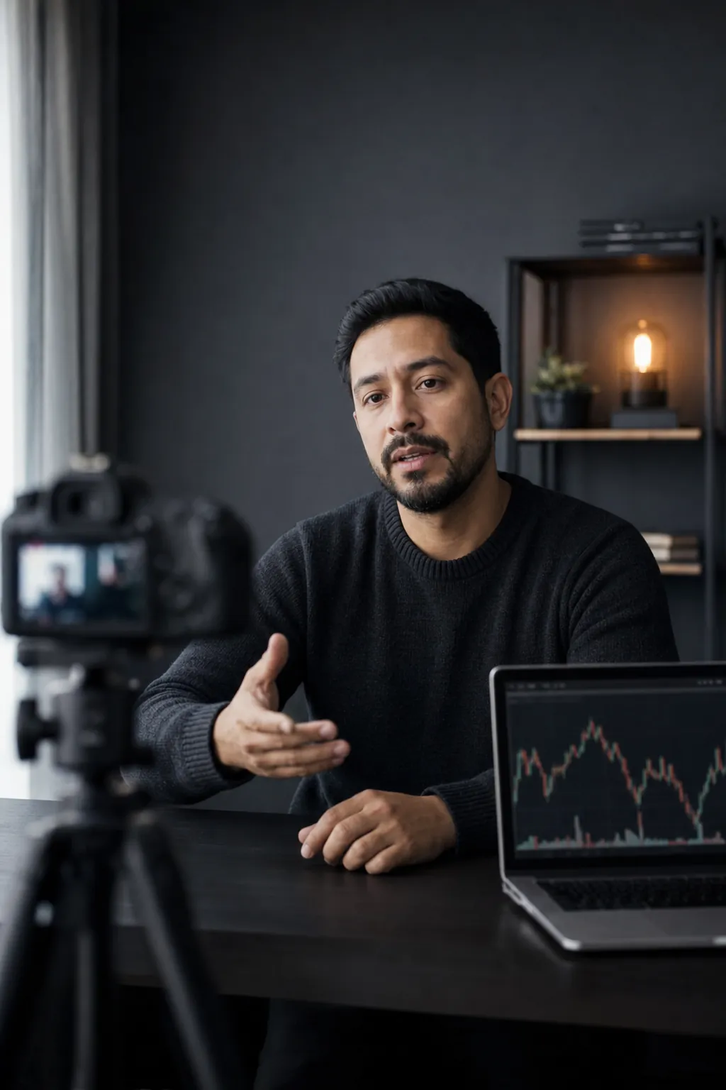 Finance content creator recording with a camera on a tripod next to a laptop with charts